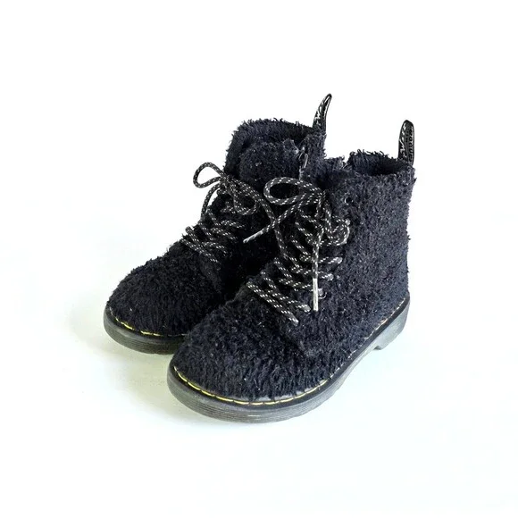DR MARTENS Junior 1460 Pascal Tinsel Fur Lace Up Boots Black 12 29 Sparkly Girls - Picture 2 of 14